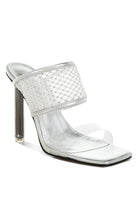 Rag Company silver clear mule with woven mesh strap and lucite heel black mesh dress heels for women