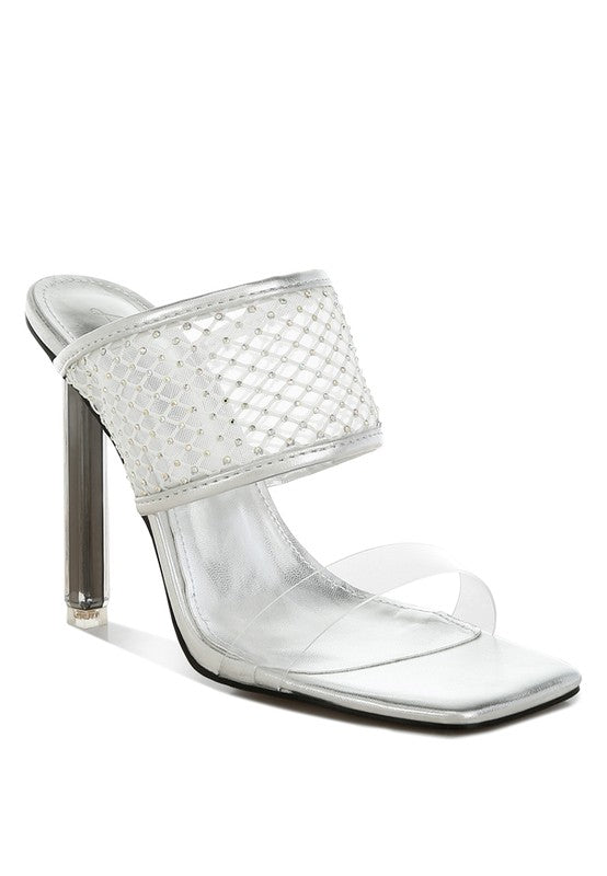 Rag Company silver clear mule with woven mesh strap and lucite heel black mesh dress heels for women