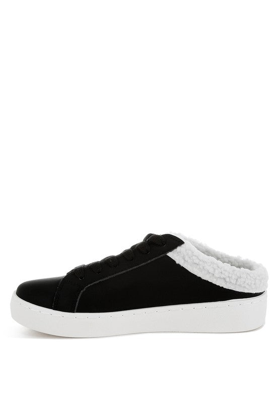 Women's black sneakers with faux fur collar for casual comfort