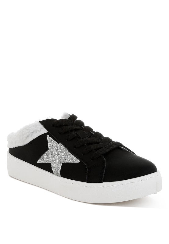Women's black sneakers with silver star and faux fur lining