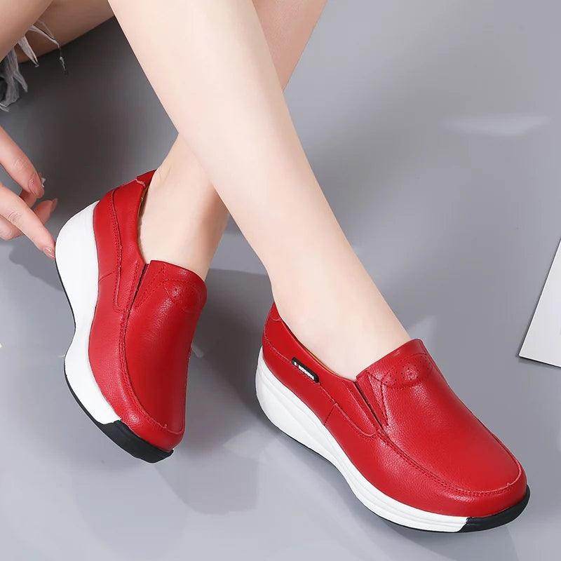 Red leather women's orthopedic shoes for comfortable all-day wear