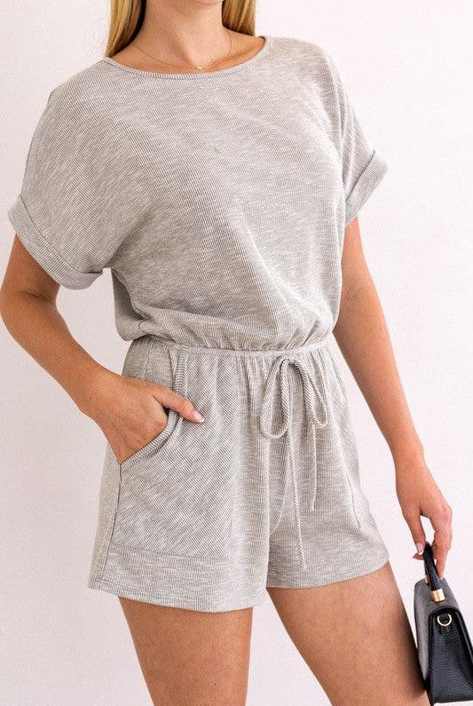 Women's Jumpsuits & Rompers Short Roll-Up Sleeve Elastic Waist Romper