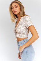 Women's Shirts Short Sleeve Front Criss Cross Print Knit Top