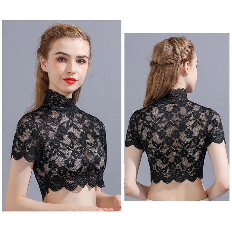 Women's Shirts - Cropped Tops Short Sleeve Lace Top Mock Turtleneck Detachable Collar Elegant Floral