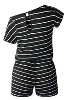 Women's black striped short sleeve romper, perfect for casual outings