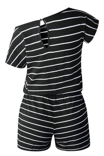 Women's black striped short sleeve romper, perfect for casual outings
