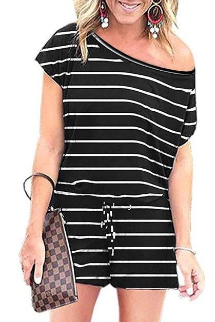 Women's black and white striped short sleeve romper, casual summer wear