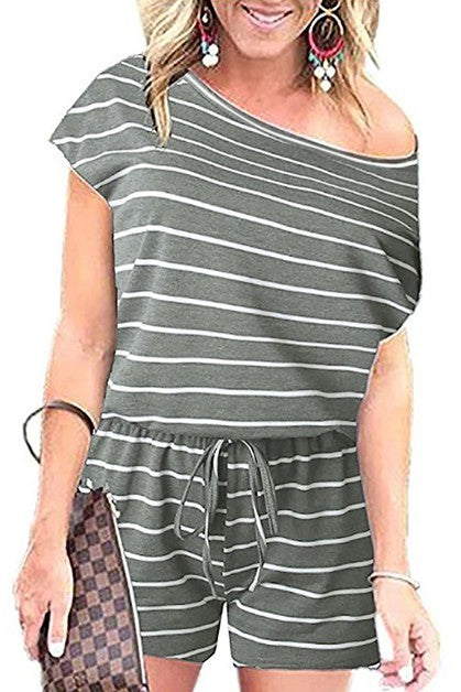 Women's short sleeve romper in gray stripes, perfect for casual outings