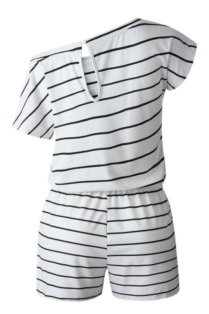 Women's white short sleeve romper with black stripes for casual outings