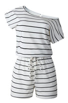 Women's short sleeve romper in white and black stripes, casual summer wear