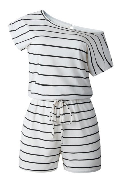 Women's short sleeve romper in white and black stripes, casual summer wear