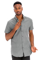 WEIV Men's Short Sleeve Solid Shirt in Gray with Button Closure and Chest Pocket