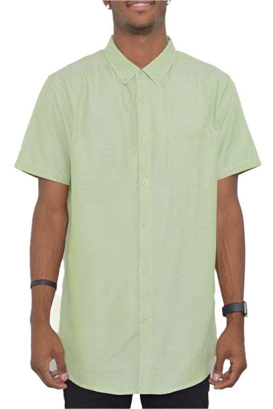WEIV Men's Short Sleeve Solid Shirt in Light Green with Button-Up Design and Pocket