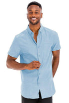 Light blue WEIV short sleeve solid shirt with a button-down collar and chest pocket