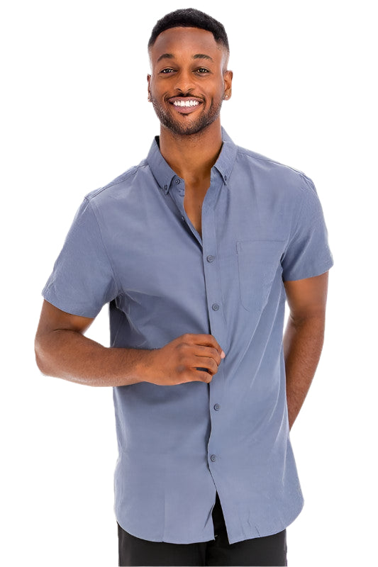 Men's WEIV short sleeve solid shirt in blue with a button-down collar and chest pocket