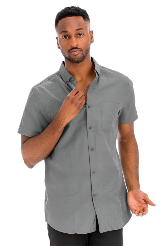 Men's WEIV short sleeve solid shirt in gray with a button-up front and pocket detail