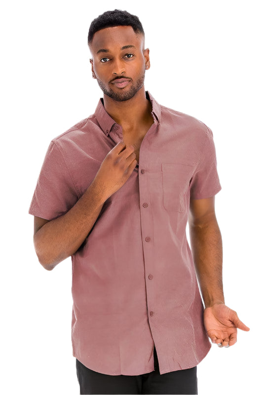 WEIV Men's Short Sleeve Solid Shirt in mauve color featuring a button-up design and chest pocket