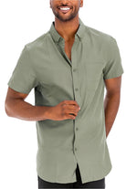 WEIV Men's Short Sleeve Solid Shirt in Olive Green with Button Closure and Pocket