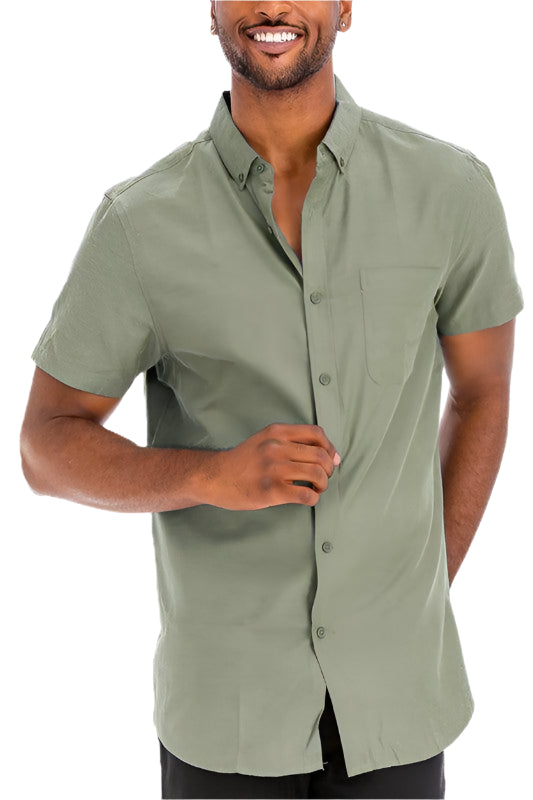 WEIV Men's Short Sleeve Solid Shirt in Olive Green with Button Closure and Pocket