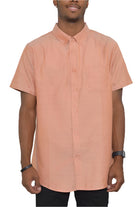 WEIV Men's Short Sleeve Solid Shirt in Peach with Button Closure and Pocket
