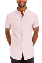 WEIV Men's Short Sleeve Solid Shirt in Light Pink with Button-Down Collar and Front Pocket