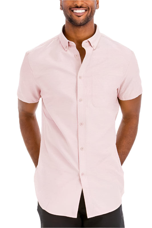 WEIV Men's Short Sleeve Solid Shirt in Light Pink with Button-Down Collar and Front Pocket