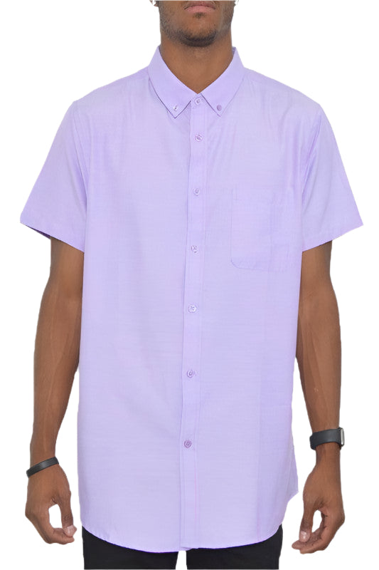 WEIV Men's Short Sleeve Solid Shirt in Light Purple with Button Closure and Chest Pocket