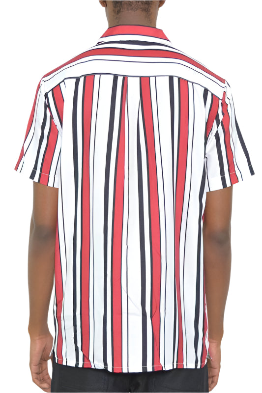 Men's WEIV short sleeve vacation shirt in red and white stripes, perfect for summer outings