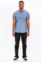 Men's short sleeve vacation shirts from VacationGrabs in light blue with a stylish design