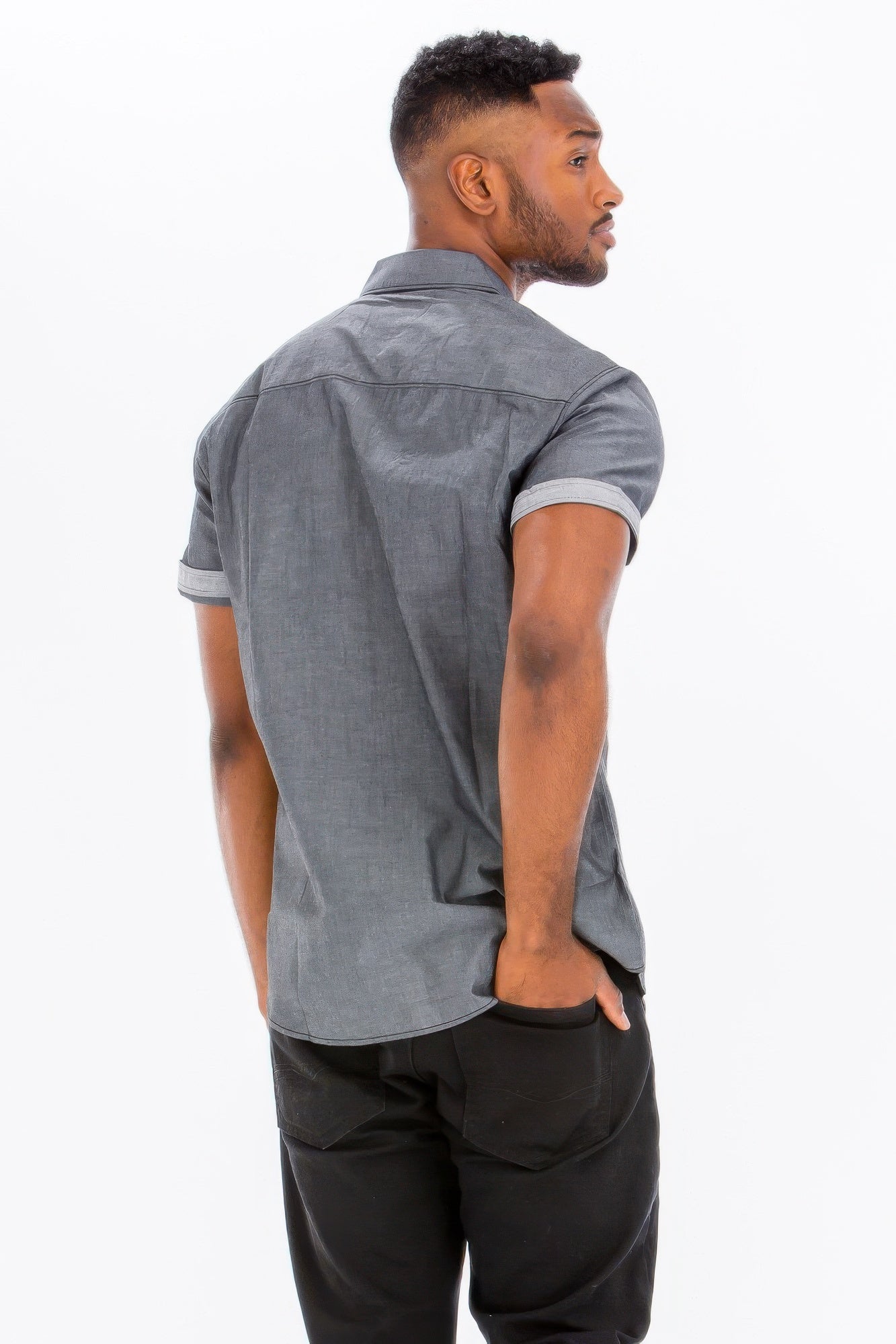 Men's short sleeve vacation shirts from VacationGrabs in a stylish gray design, perfect for warm weather outings.