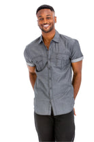 Men's short sleeve vacation shirts in gray with button-up front and two chest pockets