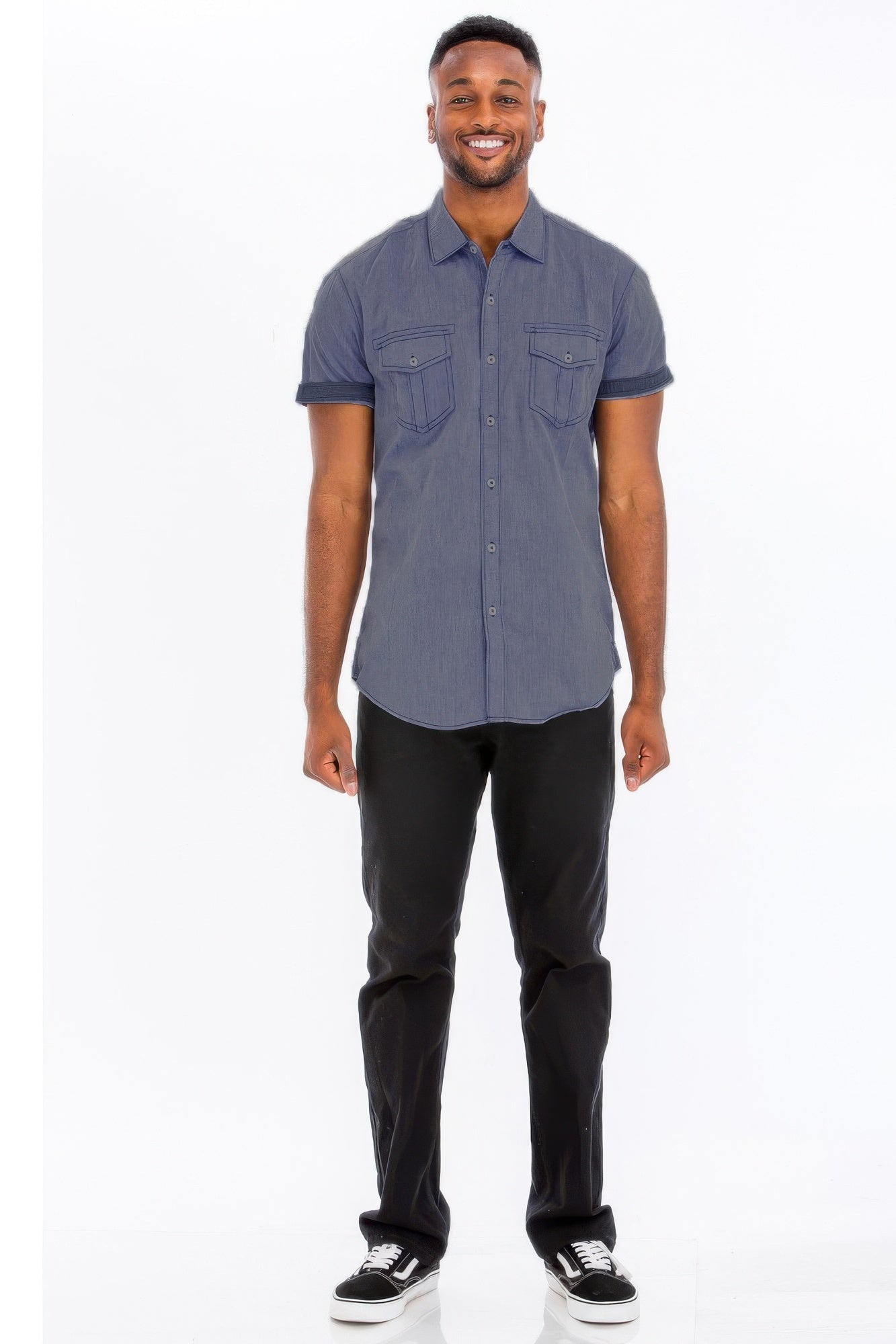 Men's short sleeve vacation shirts in navy blue with two front pockets for ultimate comfort