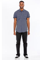 Men's short sleeve vacation shirts in navy blue with two front pockets for ultimate comfort