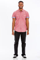Men's short sleeve vacation shirts in red with contrast sleeves and two front pockets