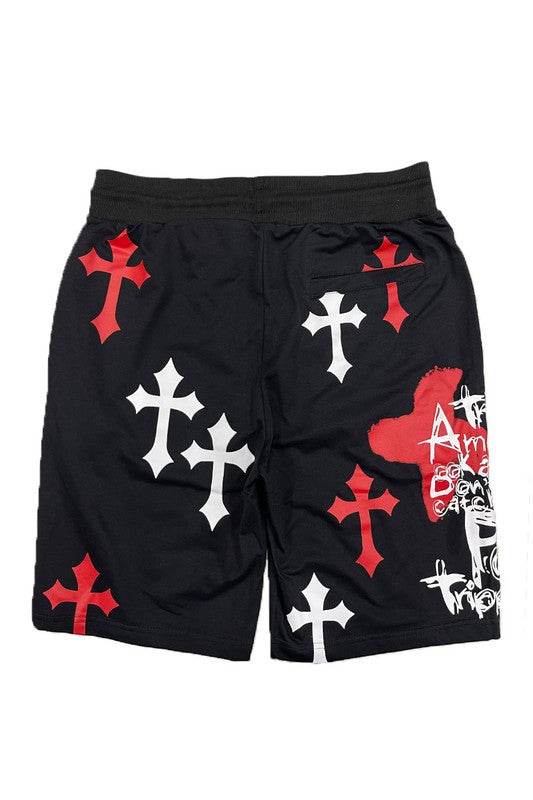 WEIV men's black shorts with red and white cross designs