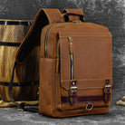 Stylish brown leather shoulder backpack for travel with multiple pockets and adjustable straps
