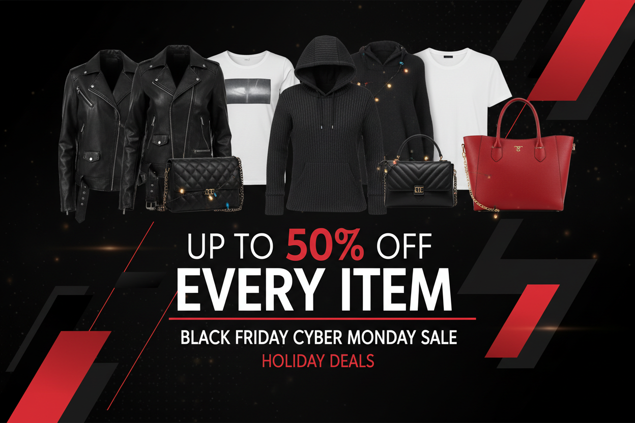 SHOW APPAREL AND BAGS IN BACKGROUND