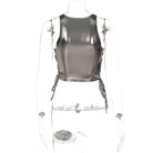 VacationGrabs side tie metallic tank top in shiny silver with sleeveless design and adjustable side ties
