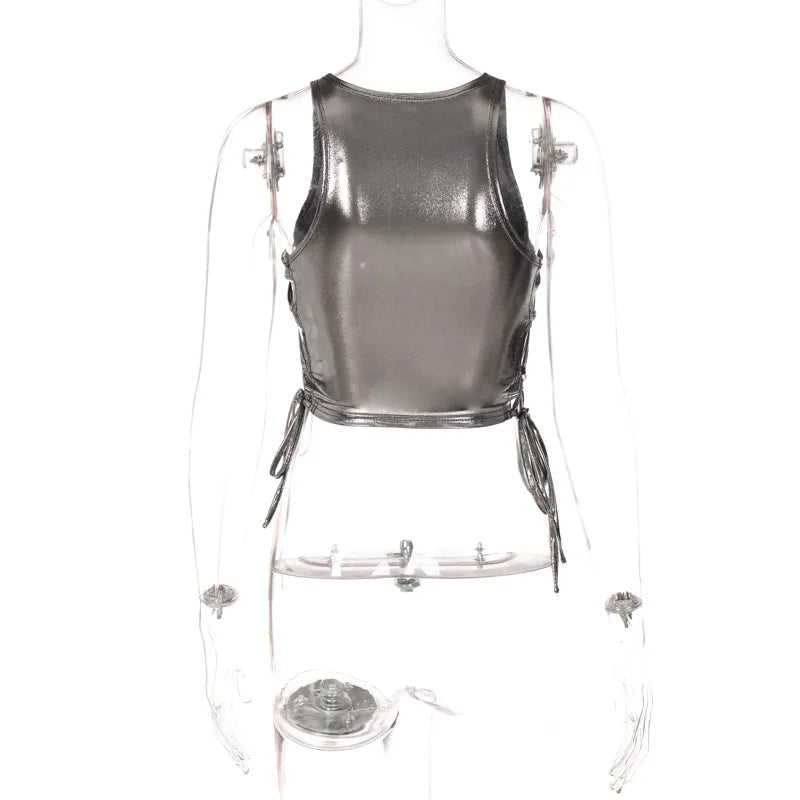 VacationGrabs side tie metallic tank top in shiny silver with sleeveless design and adjustable side ties