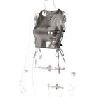 Side tie metallic tank top in shiny silver with lace-up detailing on a transparent mannequin