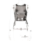 VacationGrabs side tie metallic tank top in shiny black cropped style with adjustable side ties