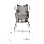 VacationGrabs side tie metallic tank top in shiny black cropped style with adjustable side ties
