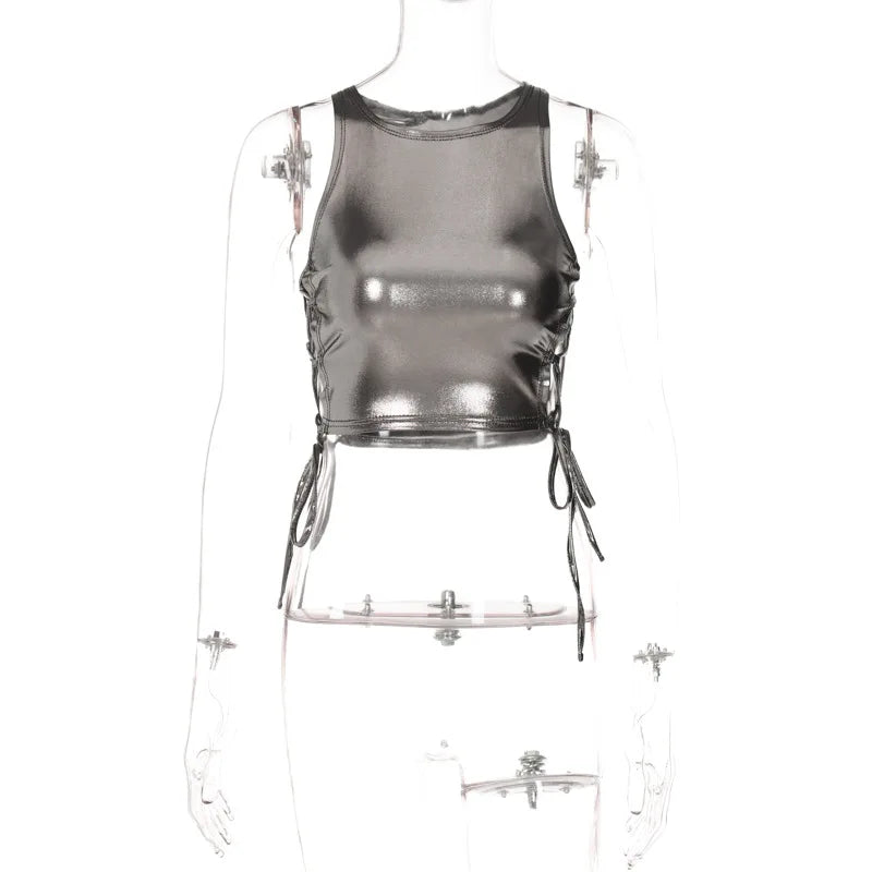 VacationGrabs side tie metallic tank top in shiny black cropped style with adjustable side ties