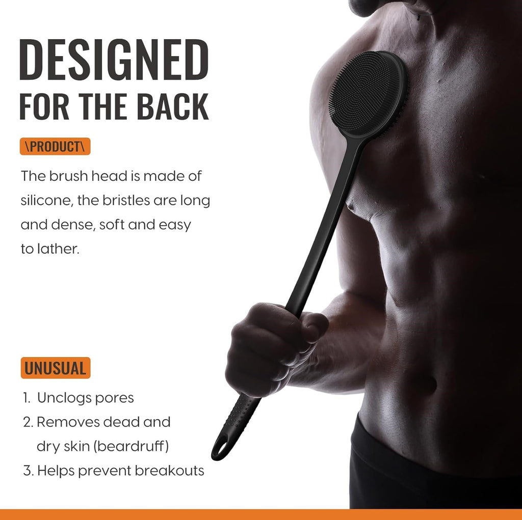 Silicone back scrubber for men by VacationGrabs with soft dense bristles unclogging pores and removing dead skin