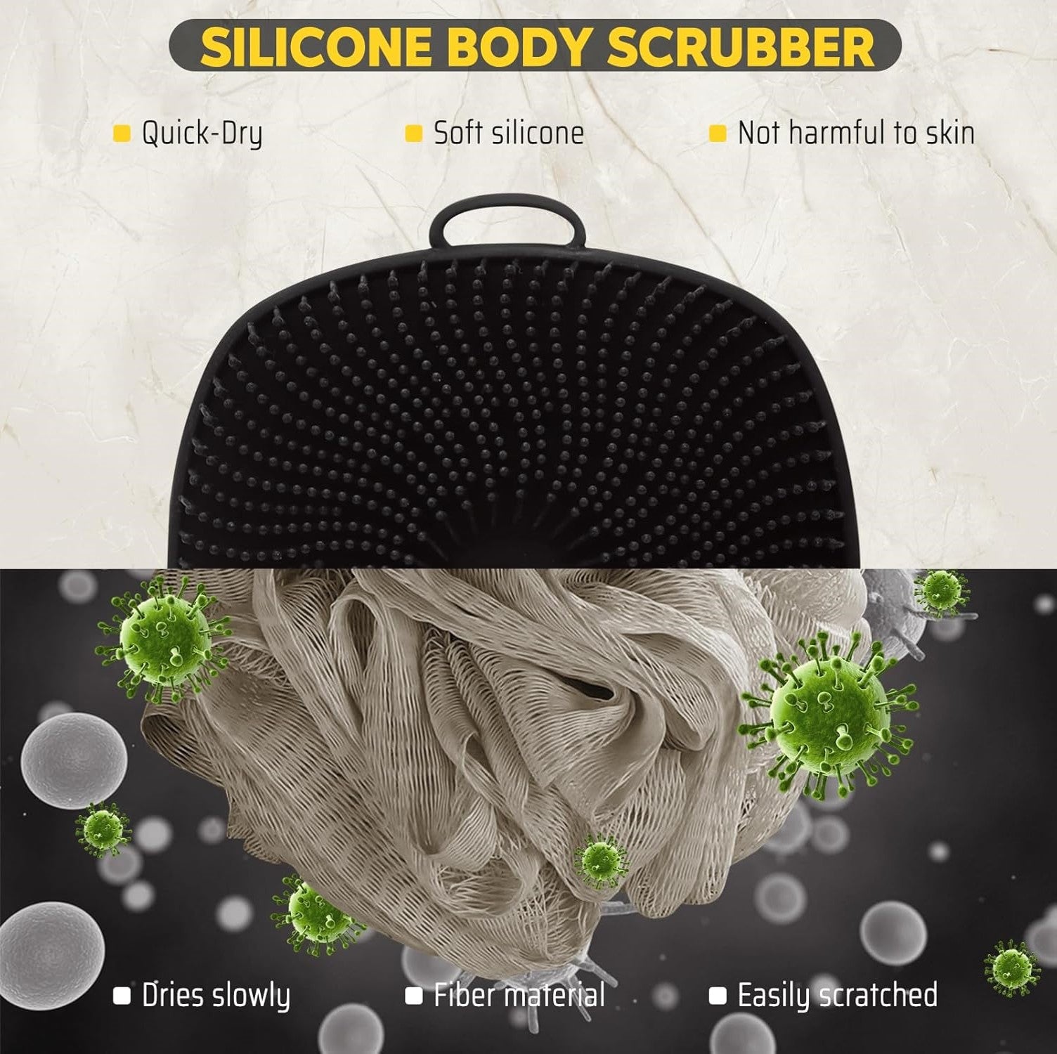 Black silicone body scrubber with soft silicone bristles for men's personal care by VacationGrabs