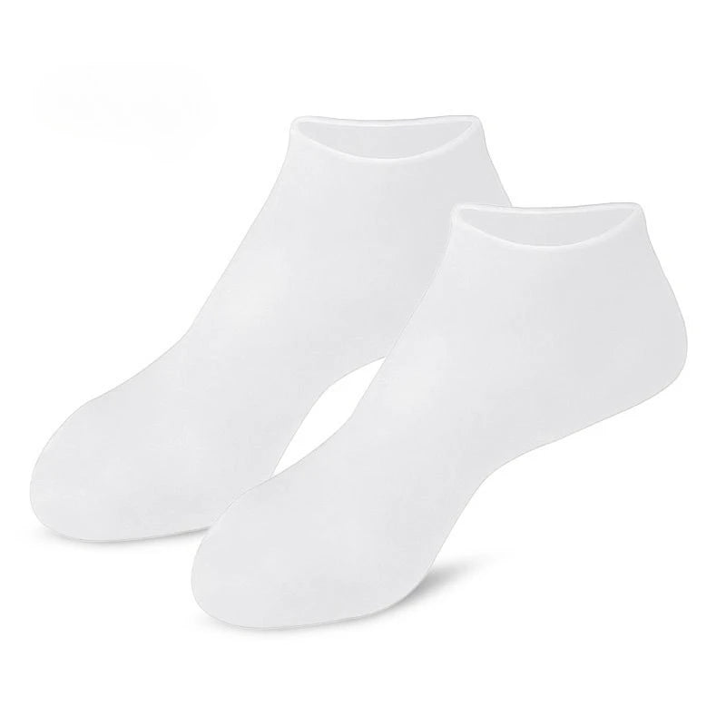 Woman relaxing at home wearing silicone moisturizing socks for cracked feet