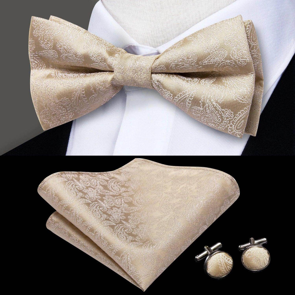 Beige silk bow ties for men with matching pocket square and cufflinks