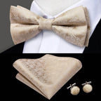 Beige silk bow ties for men with matching pocket square and cufflinks