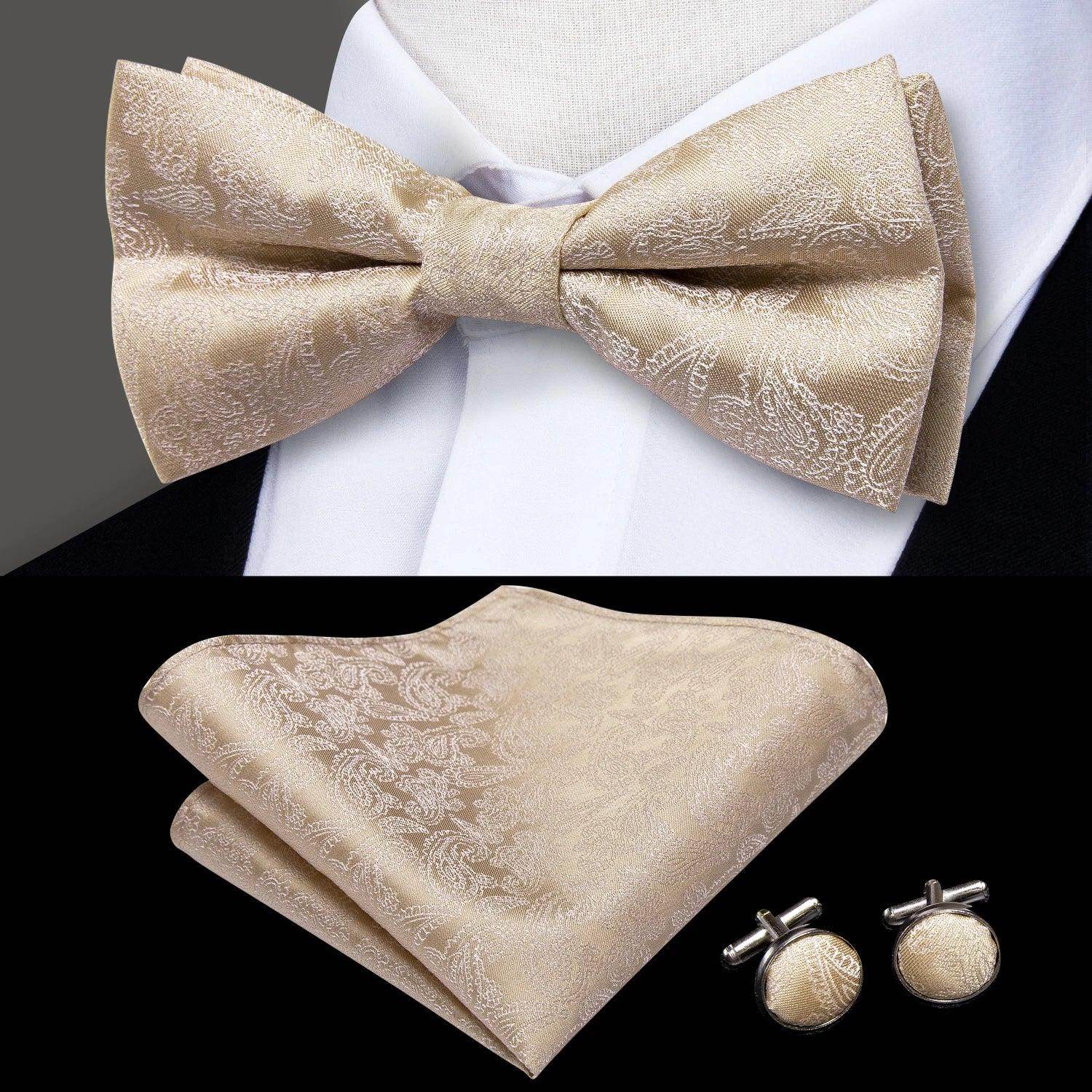 Beige silk bow ties for men with matching pocket square and cufflinks
