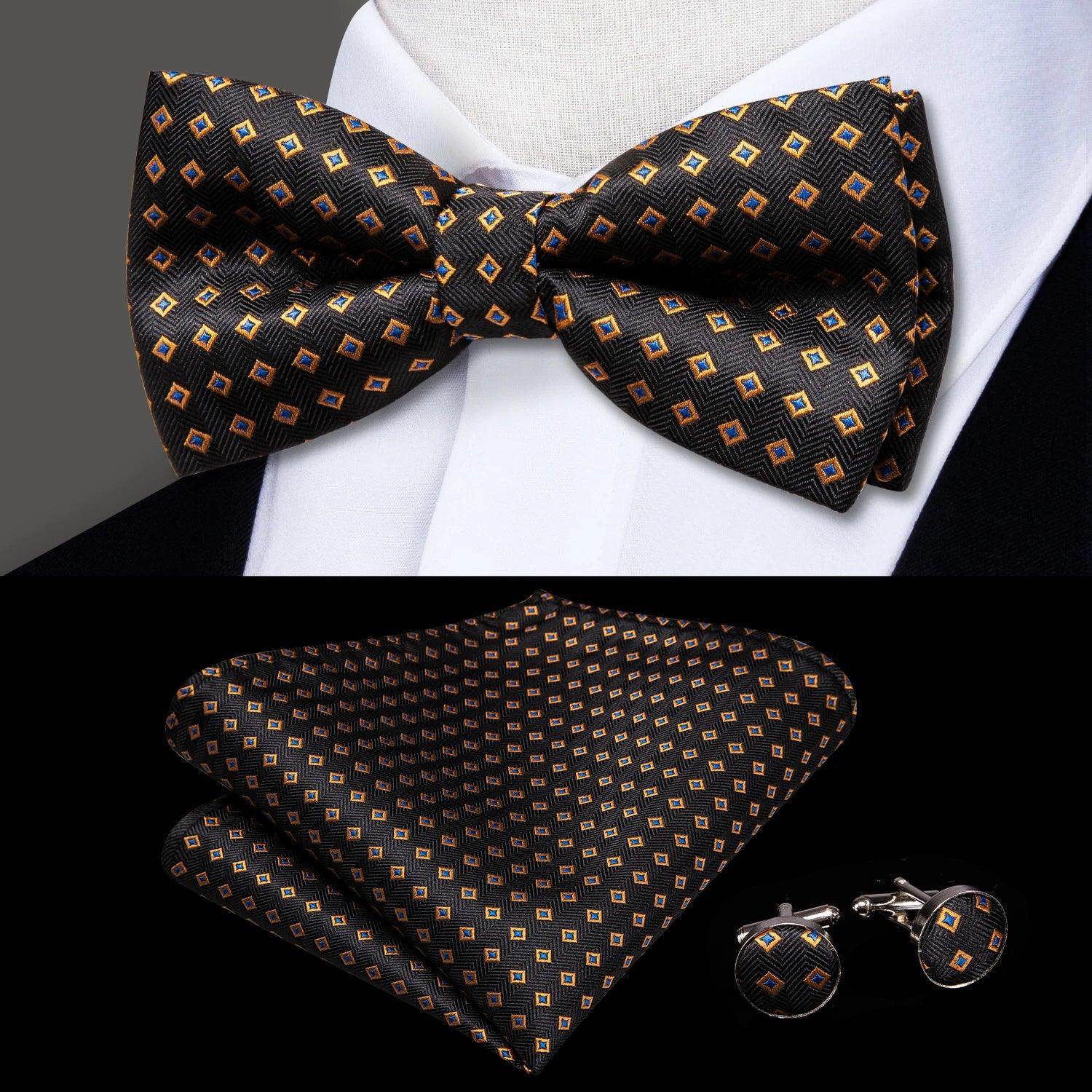 Men's black silk bow ties for men with matching pocket square and cufflinks